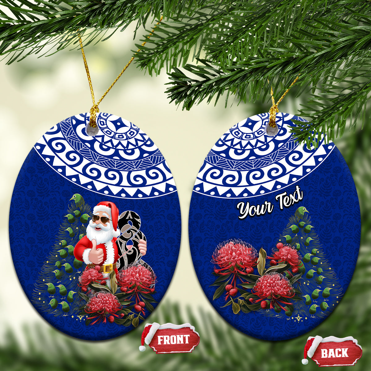 Personalized New Zealand Christmas Ceramic Ornament Maori Santa Pikorua and Pohutukawa Meri Kirihimete Blue LT03 Oval Blue - Polynesian Pride