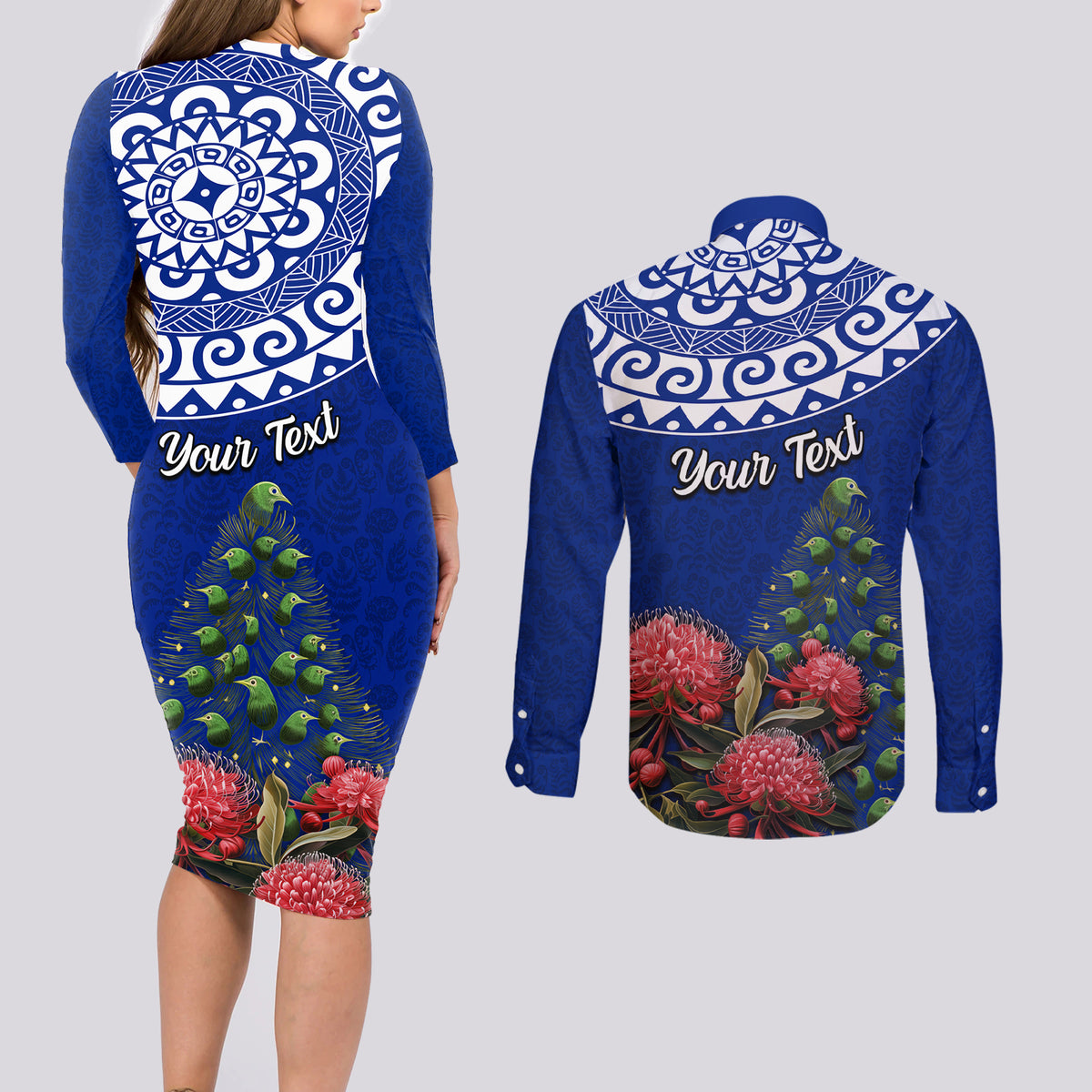 Personalized New Zealand Christmas Couples Matching Long Sleeve Bodycon Dress and Long Sleeve Button Shirt Maori Santa Pikorua and Pohutukawa Meri Kirihimete Blue LT03 - Polynesian Pride