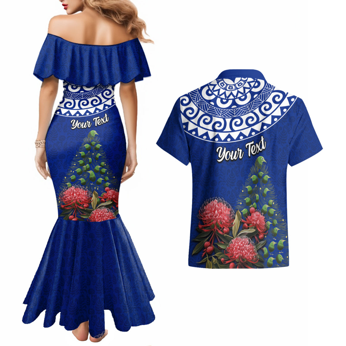 Personalized New Zealand Christmas Couples Matching Mermaid Dress and Hawaiian Shirt Maori Santa Pikorua and Pohutukawa Meri Kirihimete Blue LT03 - Polynesian Pride