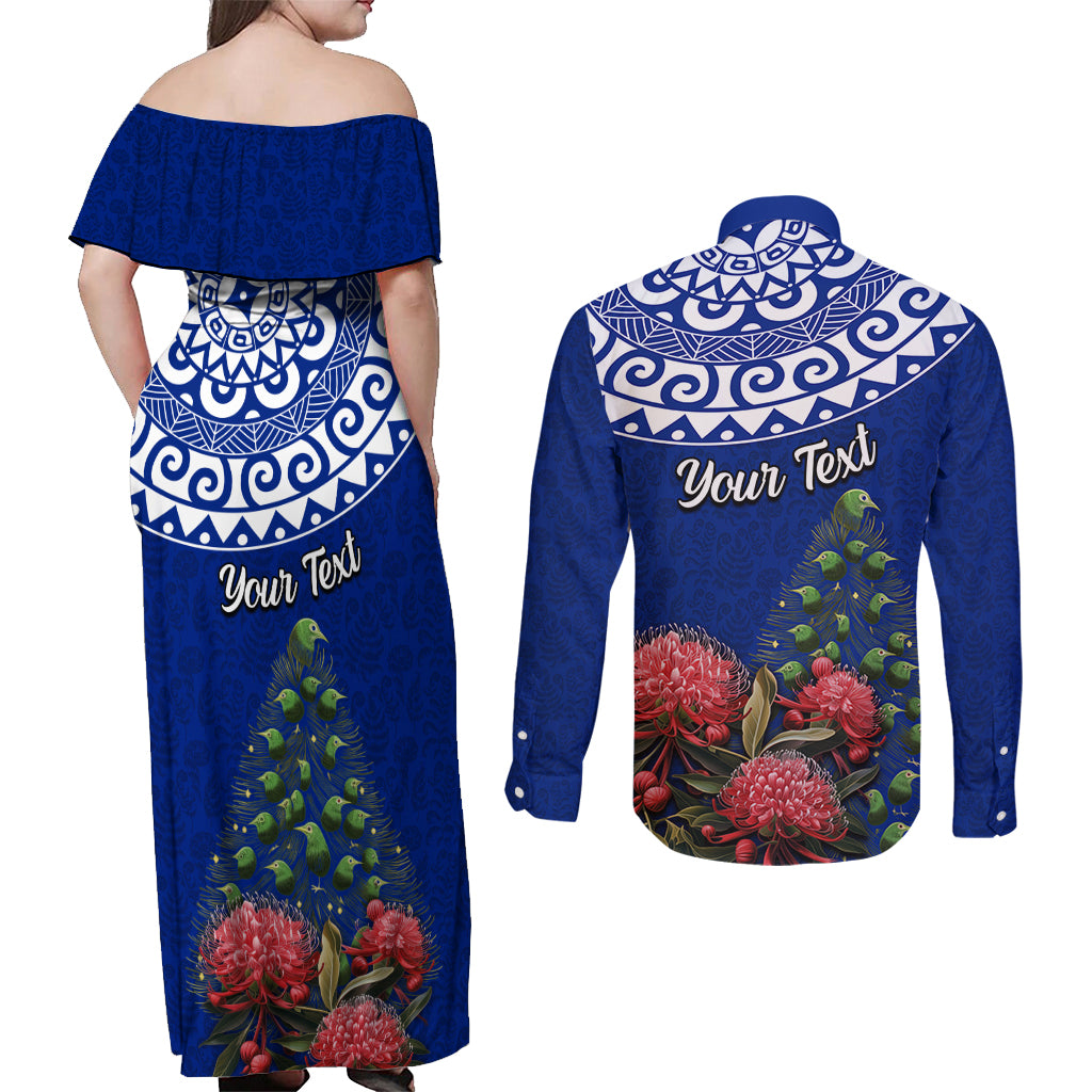 Personalized New Zealand Christmas Couples Matching Off Shoulder Maxi Dress and Long Sleeve Button Shirt Maori Santa Pikorua and Pohutukawa Meri Kirihimete Blue LT03 - Polynesian Pride
