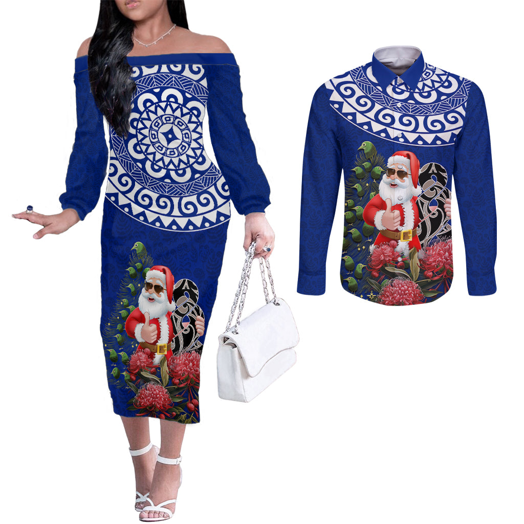 Personalized New Zealand Christmas Couples Matching Off The Shoulder Long Sleeve Dress and Long Sleeve Button Shirt Maori Santa Pikorua and Pohutukawa Meri Kirihimete Blue LT03 Blue - Polynesian Pride