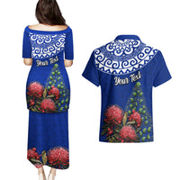 Personalized New Zealand Christmas Couples Matching Puletasi Dress and Hawaiian Shirt Maori Santa Pikorua and Pohutukawa Meri Kirihimete Blue LT03 - Polynesian Pride