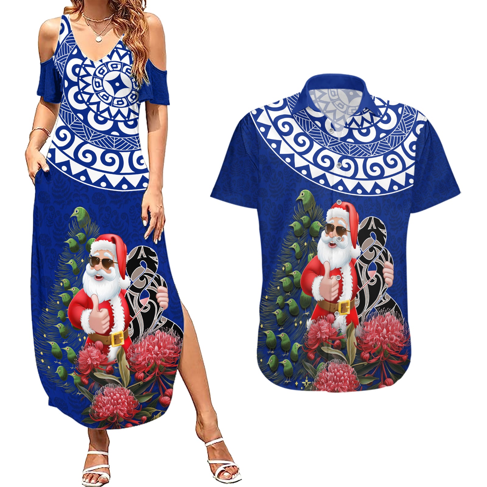 Personalized New Zealand Christmas Couples Matching Summer Maxi Dress and Hawaiian Shirt Maori Santa Pikorua and Pohutukawa Meri Kirihimete Blue LT03 Blue - Polynesian Pride