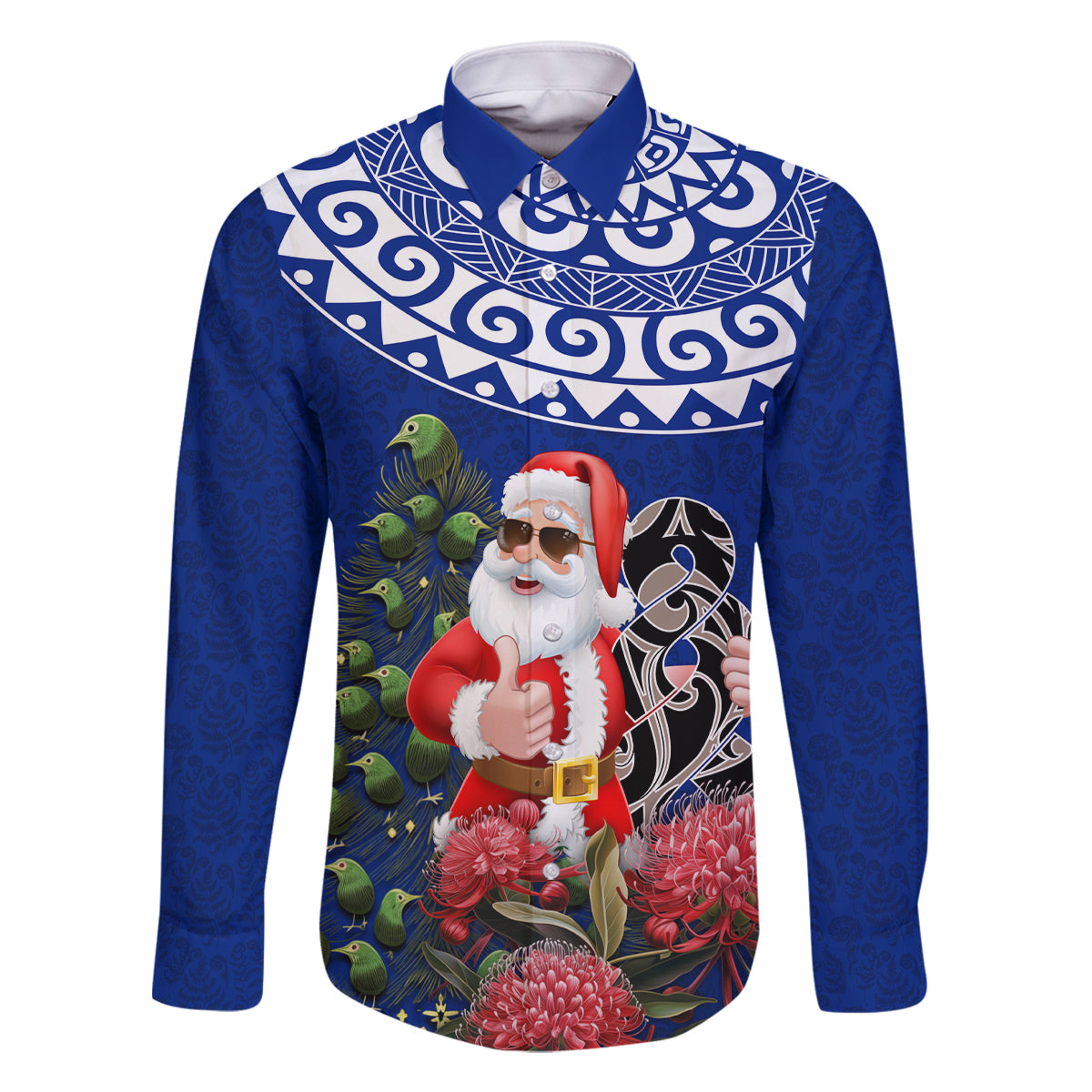 Personalized New Zealand Christmas Family Matching Off Shoulder Maxi Dress and Hawaiian Shirt Maori Santa Pikorua and Pohutukawa Meri Kirihimete Blue LT03 Dad's Shirt - Long Sleeve Blue - Polynesian Pride