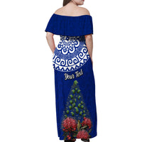 Personalized New Zealand Christmas Family Matching Off Shoulder Maxi Dress and Hawaiian Shirt Maori Santa Pikorua and Pohutukawa Meri Kirihimete Blue LT03 - Polynesian Pride