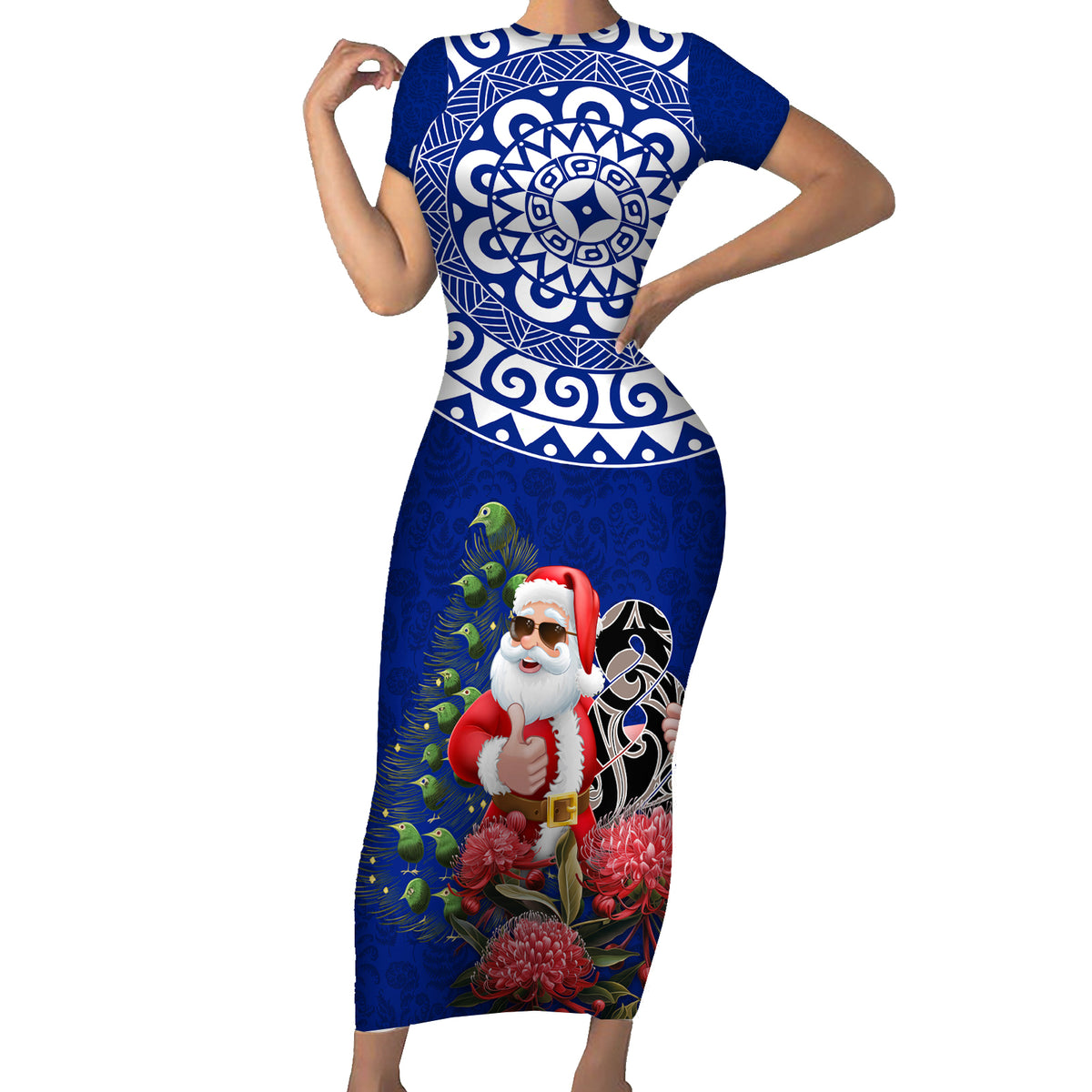 Personalized New Zealand Christmas Family Matching Short Sleeve Bodycon Dress and Hawaiian Shirt Maori Santa Pikorua and Pohutukawa Meri Kirihimete Blue LT03 Mom's Dress Blue - Polynesian Pride