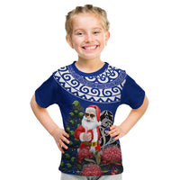 Personalized New Zealand Christmas Kid T Shirt Maori Santa Pikorua and Pohutukawa Meri Kirihimete Blue LT03 Blue - Polynesian Pride