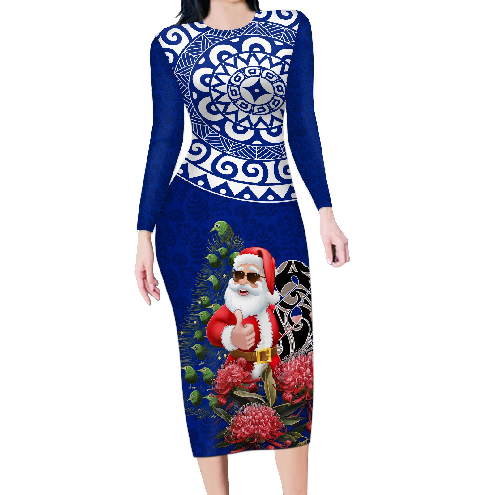 Personalized New Zealand Christmas Long Sleeve Bodycon Dress Maori Santa Pikorua and Pohutukawa Meri Kirihimete Blue LT03 Long Dress Blue - Polynesian Pride