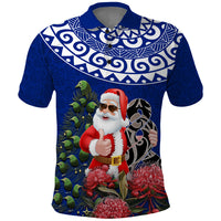 Personalized New Zealand Christmas Polo Shirt Maori Santa Pikorua and Pohutukawa Meri Kirihimete Blue LT03 Blue - Polynesian Pride