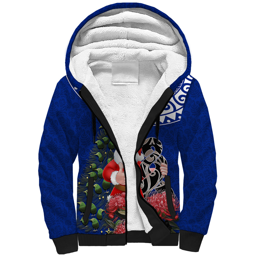 Personalized New Zealand Christmas Sherpa Hoodie Maori Santa Pikorua and Pohutukawa Meri Kirihimete Blue LT03 Unisex Blue - Polynesian Pride