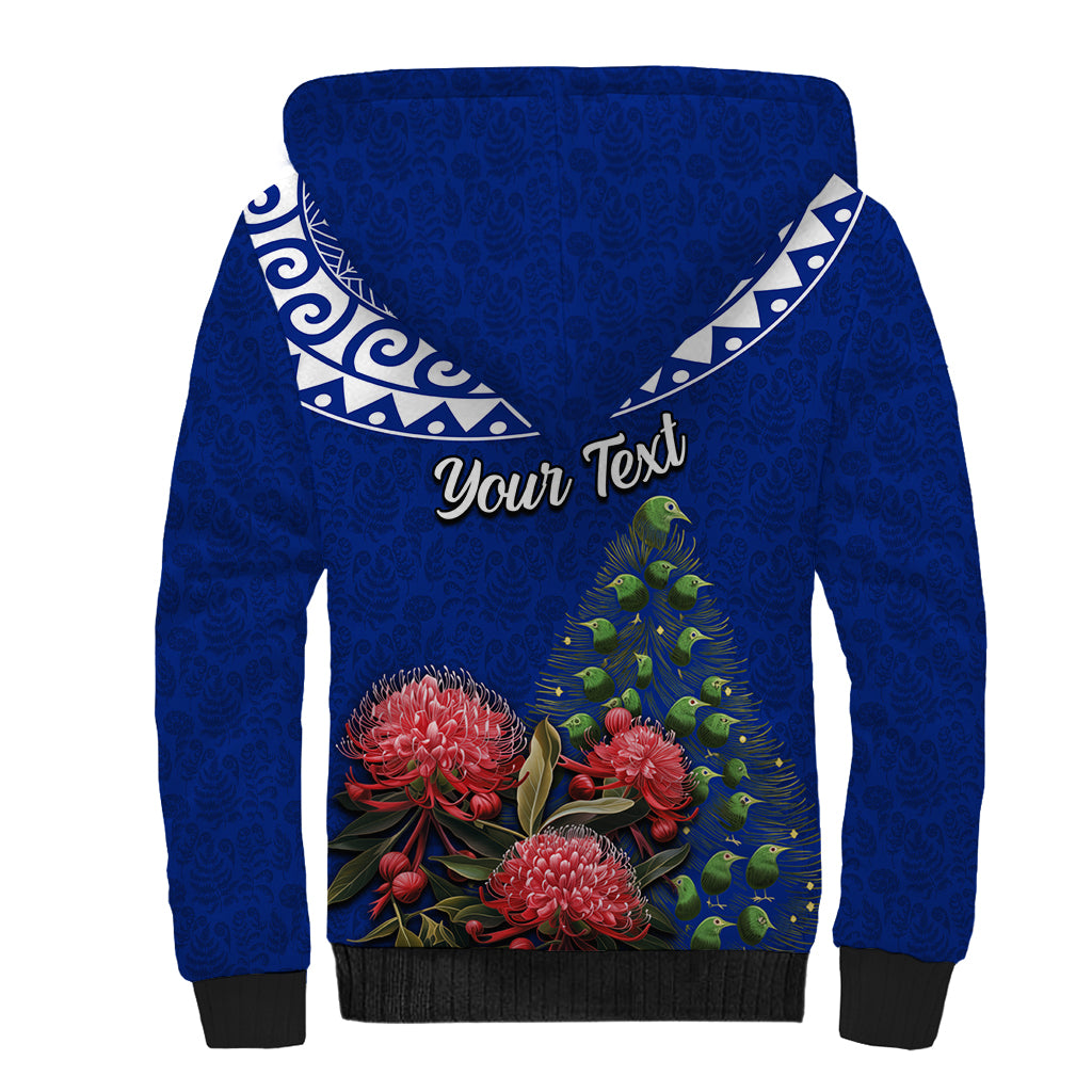 Personalized New Zealand Christmas Sherpa Hoodie Maori Santa Pikorua and Pohutukawa Meri Kirihimete Blue LT03 - Polynesian Pride