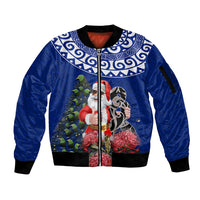 Personalized New Zealand Christmas Sleeve Zip Bomber Jacket Maori Santa Pikorua and Pohutukawa Meri Kirihimete Blue LT03 Unisex Blue - Polynesian Pride