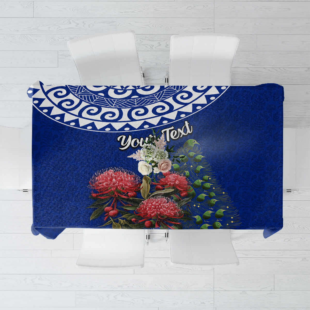 Personalized New Zealand Christmas Tablecloth Maori Santa Pikorua and Pohutukawa Meri Kirihimete Blue LT03 Blue - Polynesian Pride