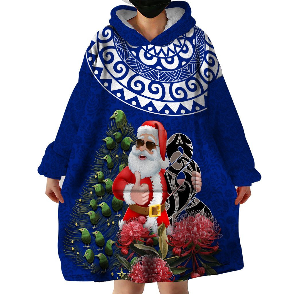 Personalized New Zealand Christmas Wearable Blanket Hoodie Maori Santa Pikorua and Pohutukawa Meri Kirihimete Blue LT03 - Polynesian Pride