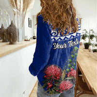 Personalized New Zealand Christmas Women Casual Shirt Maori Santa Pikorua and Pohutukawa Meri Kirihimete Blue LT03 - Polynesian Pride
