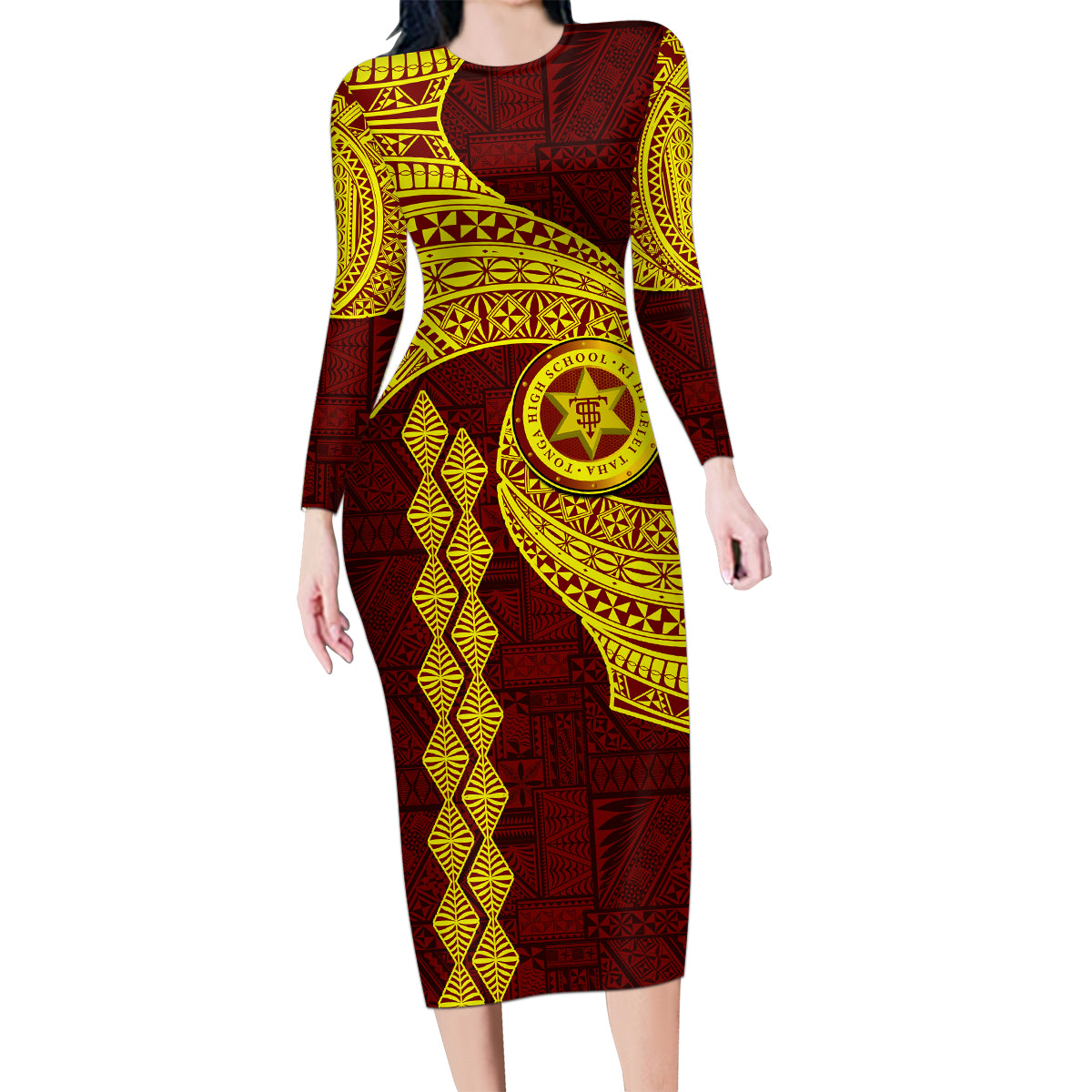 Tonga High School Family Matching Long Sleeve Bodycon Dress and Hawaiian Shirt Traditional Ngatu and Polynesian Pattern LT03 Mom's Dress Yellow - Polynesian Pride
