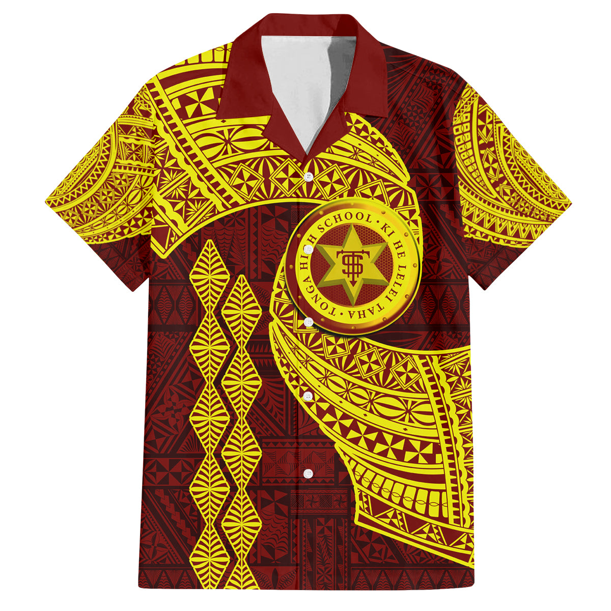 Tonga High School Family Matching Off Shoulder Short Dress and Hawaiian Shirt Traditional Ngatu and Polynesian Pattern LT03 Dad's Shirt - Short Sleeve Yellow - Polynesian Pride