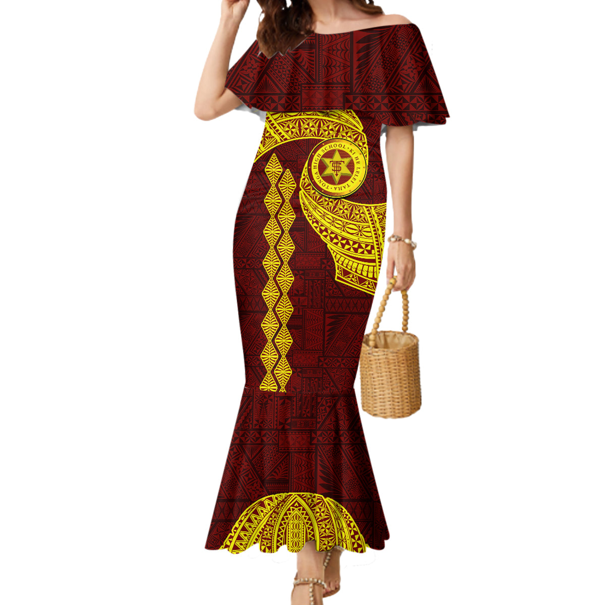 Tonga High School Mermaid Dress Traditional Ngatu and Polynesian Pattern LT03 Women Yellow - Polynesian Pride