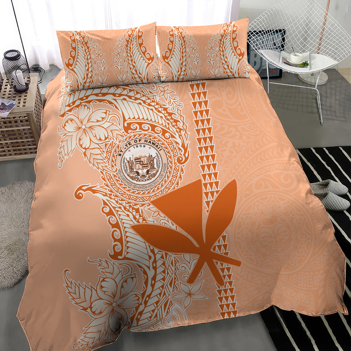 Kanaka Maoli Tropical Flowers with Kakau Tribal Bedding Set Peach Fuzz Color LT03 - Polynesian Pride