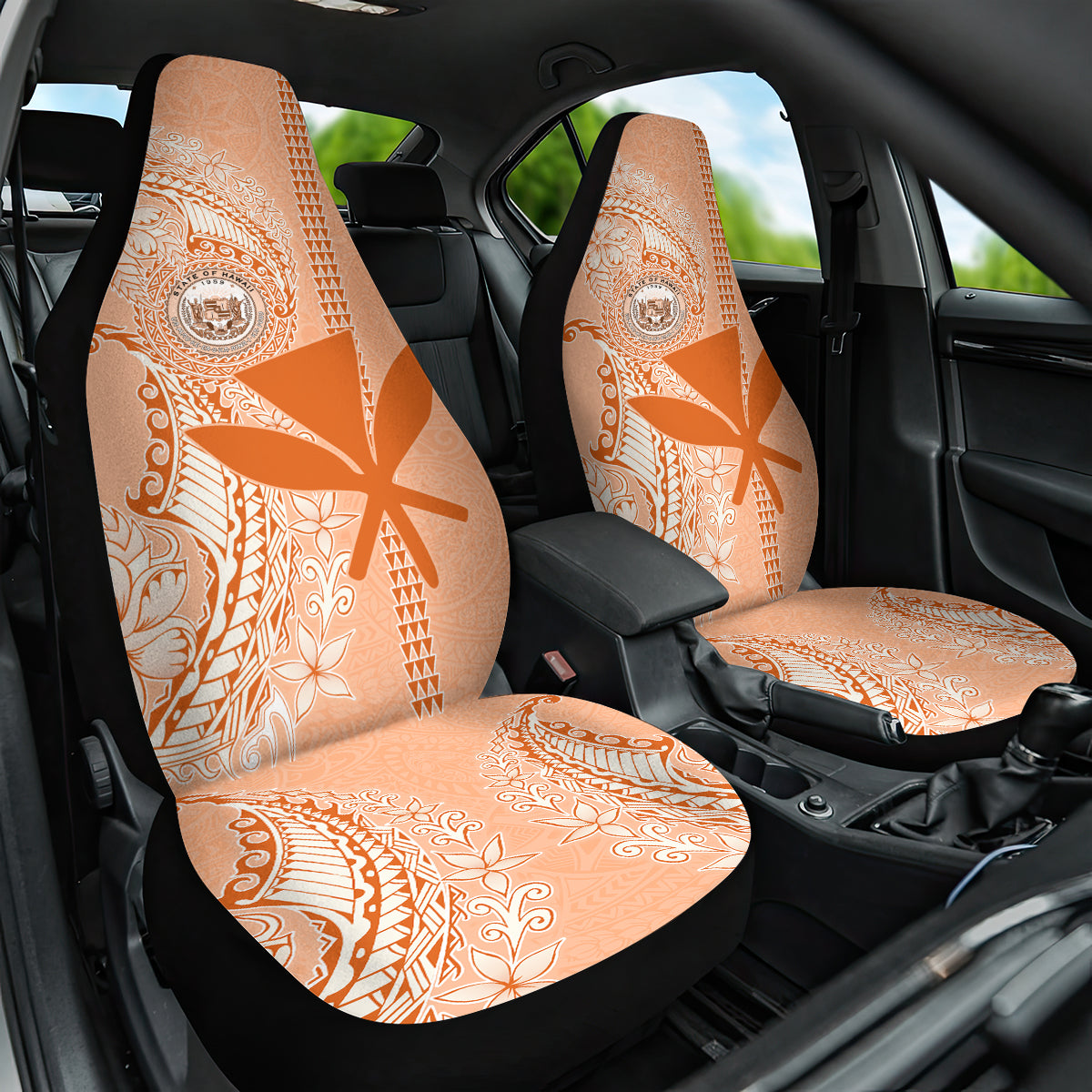 Kanaka Maoli Tropical Flowers with Kakau Tribal Car Seat Cover Peach Fuzz Color LT03 One Size Peach Fuzz - Polynesian Pride