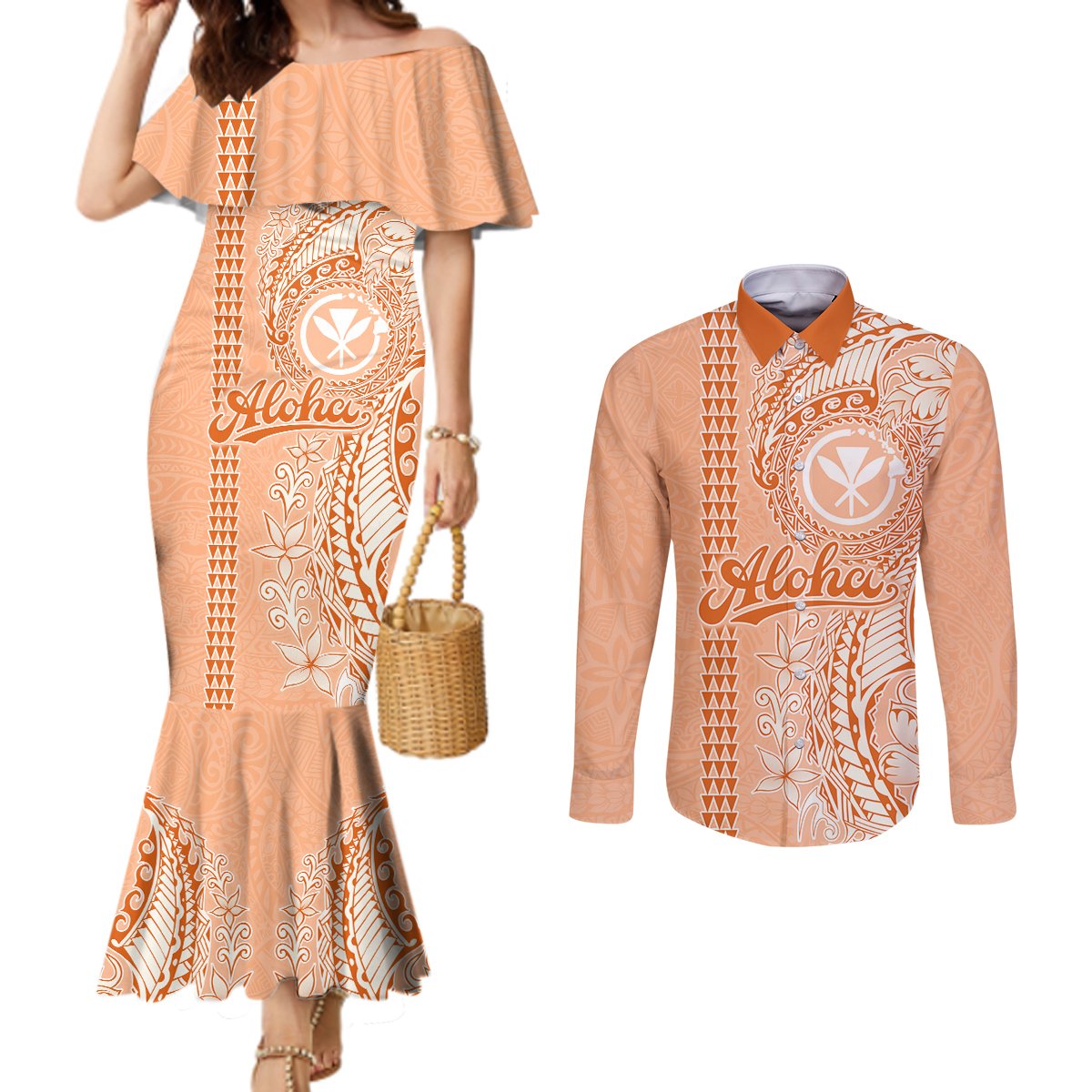 Kanaka Maoli Tropical Flowers with Kakau Tribal Couples Matching Mermaid Dress and Long Sleeve Button Shirt Peach Fuzz Color LT03 Peach Fuzz - Polynesian Pride