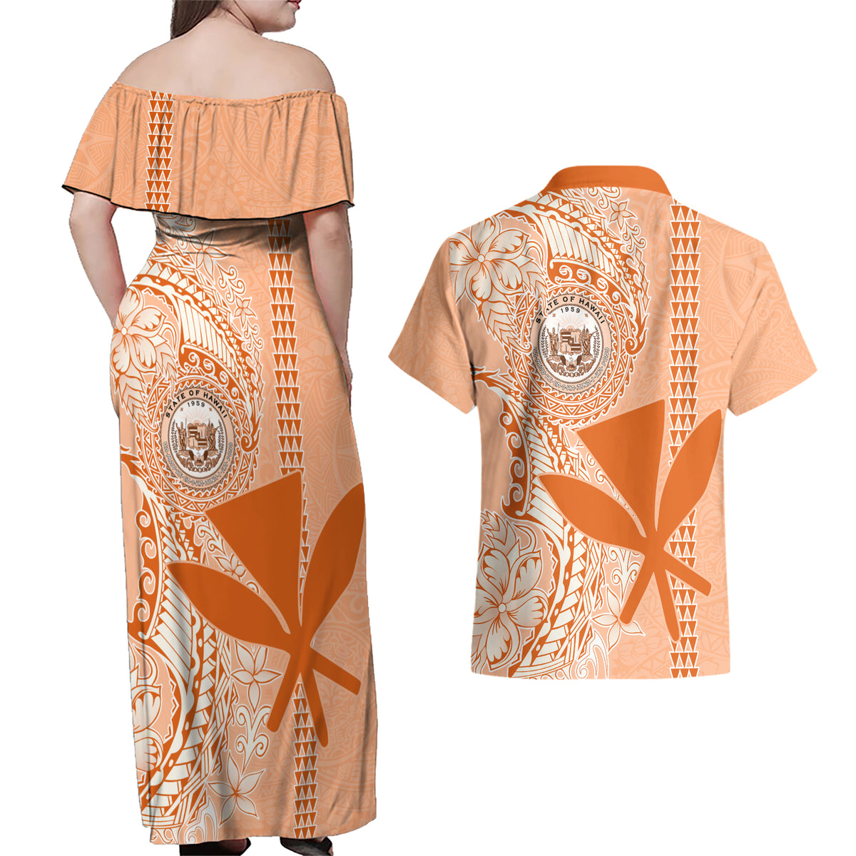 Kanaka Maoli Tropical Flowers with Kakau Tribal Couples Matching Off Shoulder Maxi Dress and Hawaiian Shirt Peach Fuzz Color LT03 - Polynesian Pride