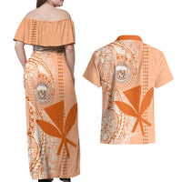 Kanaka Maoli Tropical Flowers with Kakau Tribal Couples Matching Off Shoulder Maxi Dress and Hawaiian Shirt Peach Fuzz Color LT03 - Polynesian Pride