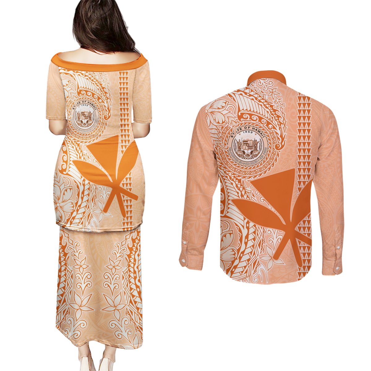 Kanaka Maoli Tropical Flowers with Kakau Tribal Couples Matching Puletasi Dress and Long Sleeve Button Shirt Peach Fuzz Color LT03 - Polynesian Pride
