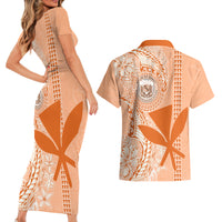 Kanaka Maoli Tropical Flowers with Kakau Tribal Couples Matching Short Sleeve Bodycon Dress and Hawaiian Shirt Peach Fuzz Color LT03 - Polynesian Pride