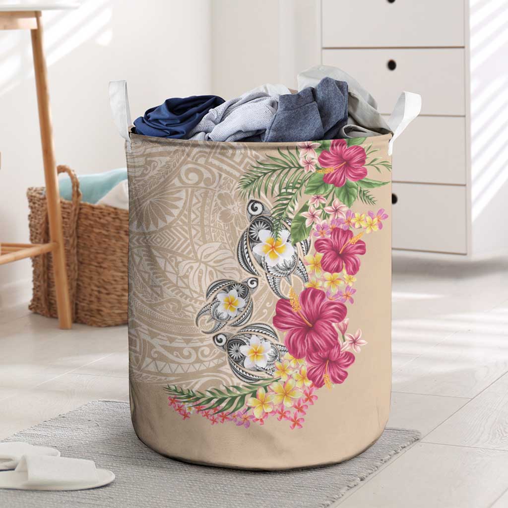 Hawaiian Tropical Flowers and Tribal Turtles Laundry Basket Polynesian Art Motifs Beige Color - Polynesian Pride
