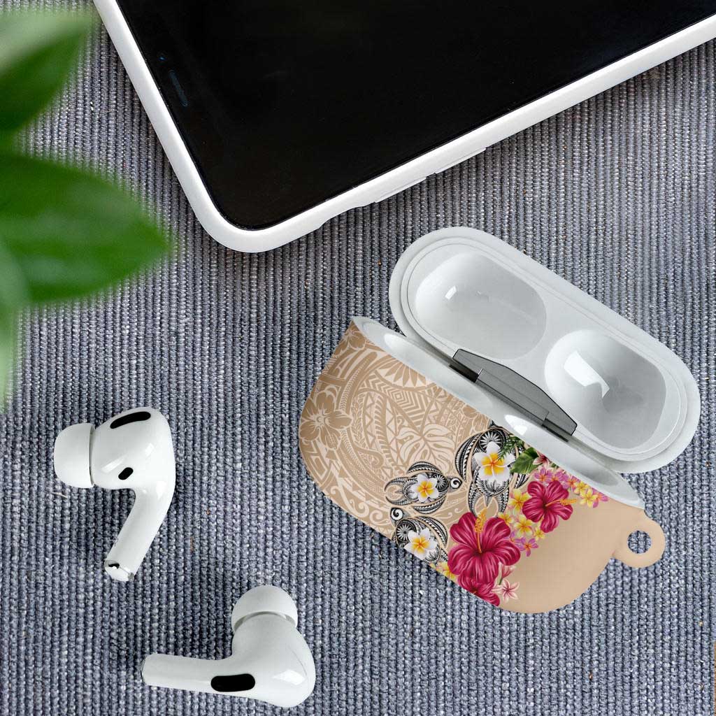 Hawaiian Tropical Flowers and Tribal Turtles AirPods Case Polynesian Art Motifs Beige Color - Polynesian Pride
