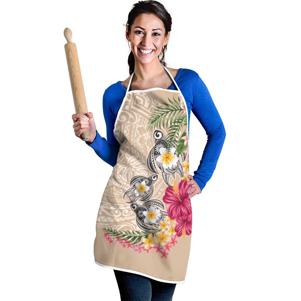 Hawaiian Tropical Flowers and Tribal Turtles Apron Polynesian Art Motifs Beige Color - Polynesian Pride