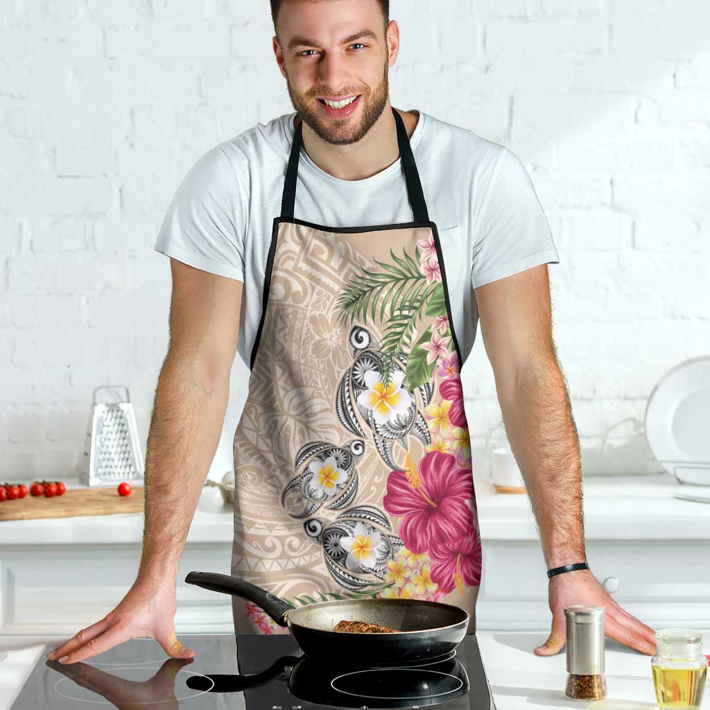 Hawaiian Tropical Flowers and Tribal Turtles Apron Polynesian Art Motifs Beige Color - Polynesian Pride