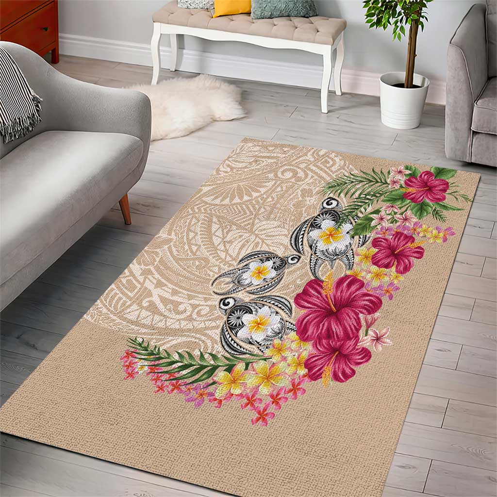 Hawaiian Tropical Flowers and Tribal Turtles Area Rug Polynesian Art Motifs Beige Color - Polynesian Pride