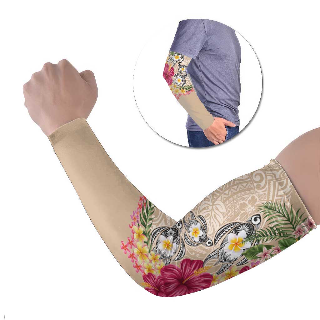 Hawaiian Tropical Flowers and Tribal Turtles Arm Sleeves Polynesian Art Motifs Beige Color - Polynesian Pride