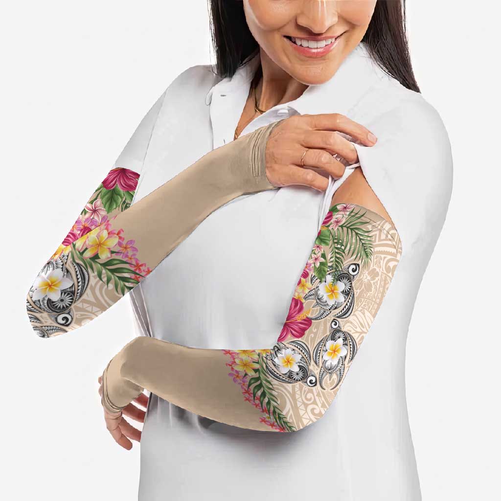 Hawaiian Tropical Flowers and Tribal Turtles Arm Sleeves Polynesian Art Motifs Beige Color - Polynesian Pride