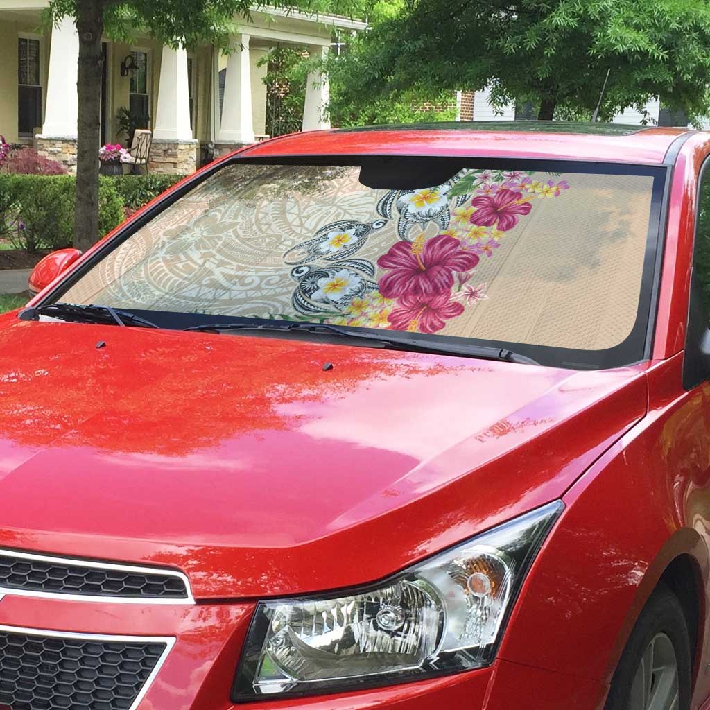 Hawaiian Tropical Flowers and Tribal Turtles Auto Sun Shade Polynesian Art Motifs Beige Color - Polynesian Pride