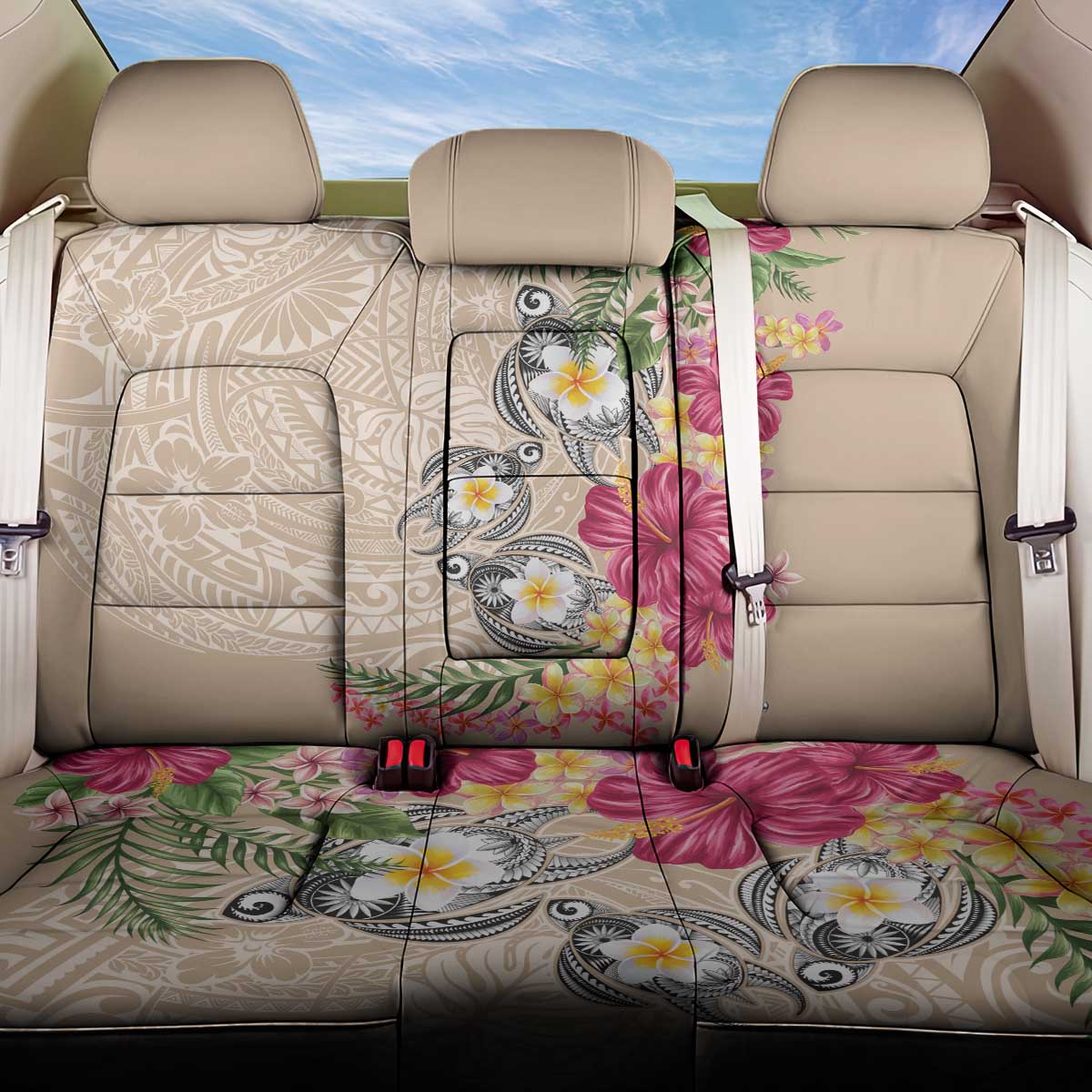 Hawaiian Tropical Flowers and Tribal Turtles Back Car Seat Cover Polynesian Art Motifs Beige Color - Polynesian Pride