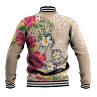 Hawaiian Tropical Flowers and Tribal Turtles Baseball Jacket Polynesian Art Motifs Beige Color - Polynesian Pride