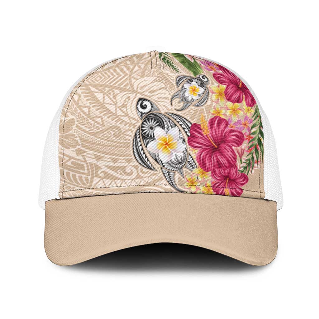 Hawaiian Tropical Flowers and Tribal Turtles Baseball Net Cap Polynesian Art Motifs Beige Color - Polynesian Pride