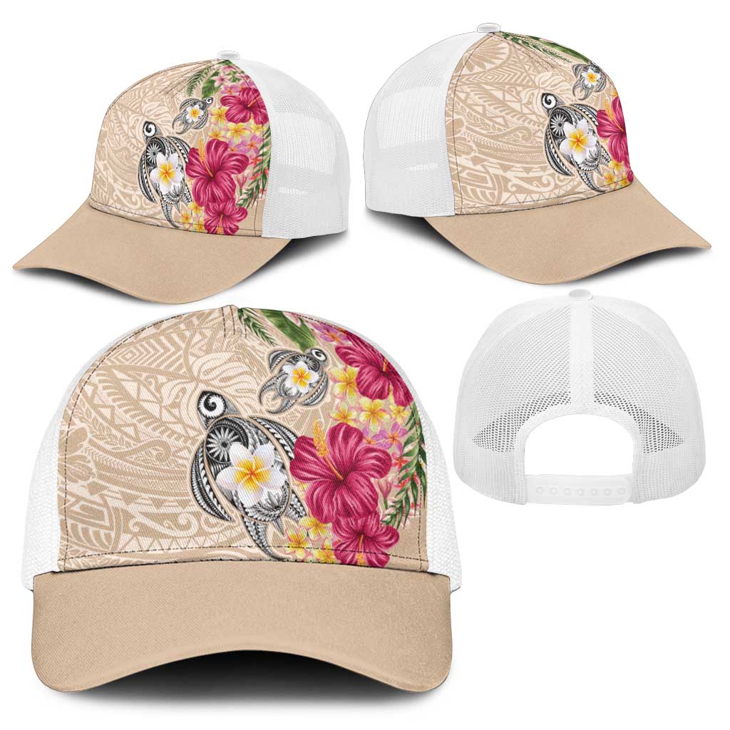 Hawaiian Tropical Flowers and Tribal Turtles Baseball Net Cap Polynesian Art Motifs Beige Color - Polynesian Pride