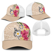 Hawaiian Tropical Flowers and Tribal Turtles Baseball Net Cap Polynesian Art Motifs Beige Color - Polynesian Pride