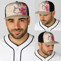 Hawaiian Tropical Flowers and Tribal Turtles Baseball Net Cap Polynesian Art Motifs Beige Color - Polynesian Pride