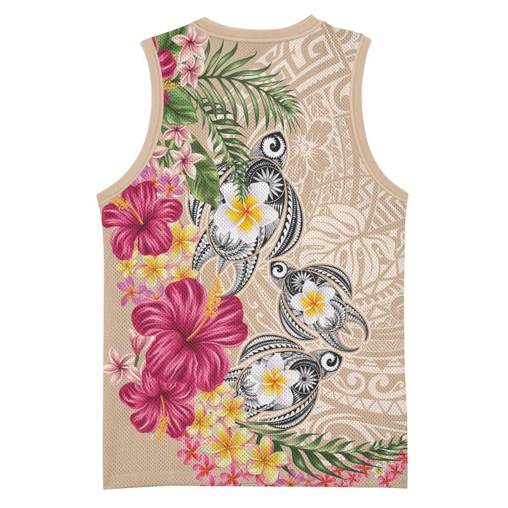 Hawaiian Tropical Flowers and Tribal Turtles Basketball Jersey Polynesian Art Motifs Beige Color - Polynesian Pride