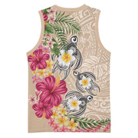 Hawaiian Tropical Flowers and Tribal Turtles Basketball Jersey Polynesian Art Motifs Beige Color - Polynesian Pride