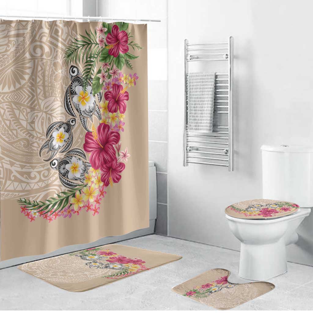 Hawaiian Tropical Flowers and Tribal Turtles Bathroom Set Polynesian Art Motifs Beige Color - Polynesian Pride