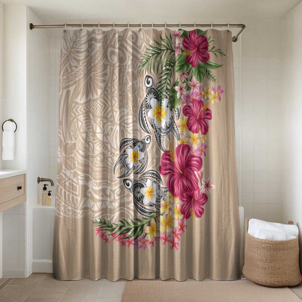 Hawaiian Tropical Flowers and Tribal Turtles Bathroom Set Polynesian Art Motifs Beige Color - Polynesian Pride