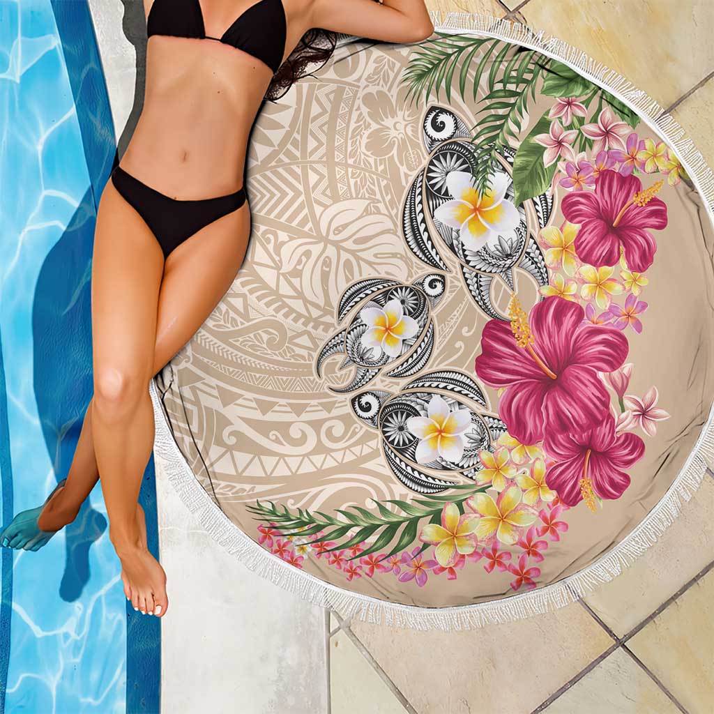 Hawaiian Tropical Flowers and Tribal Turtles Beach Blanket Polynesian Art Motifs Beige Color - Polynesian Pride