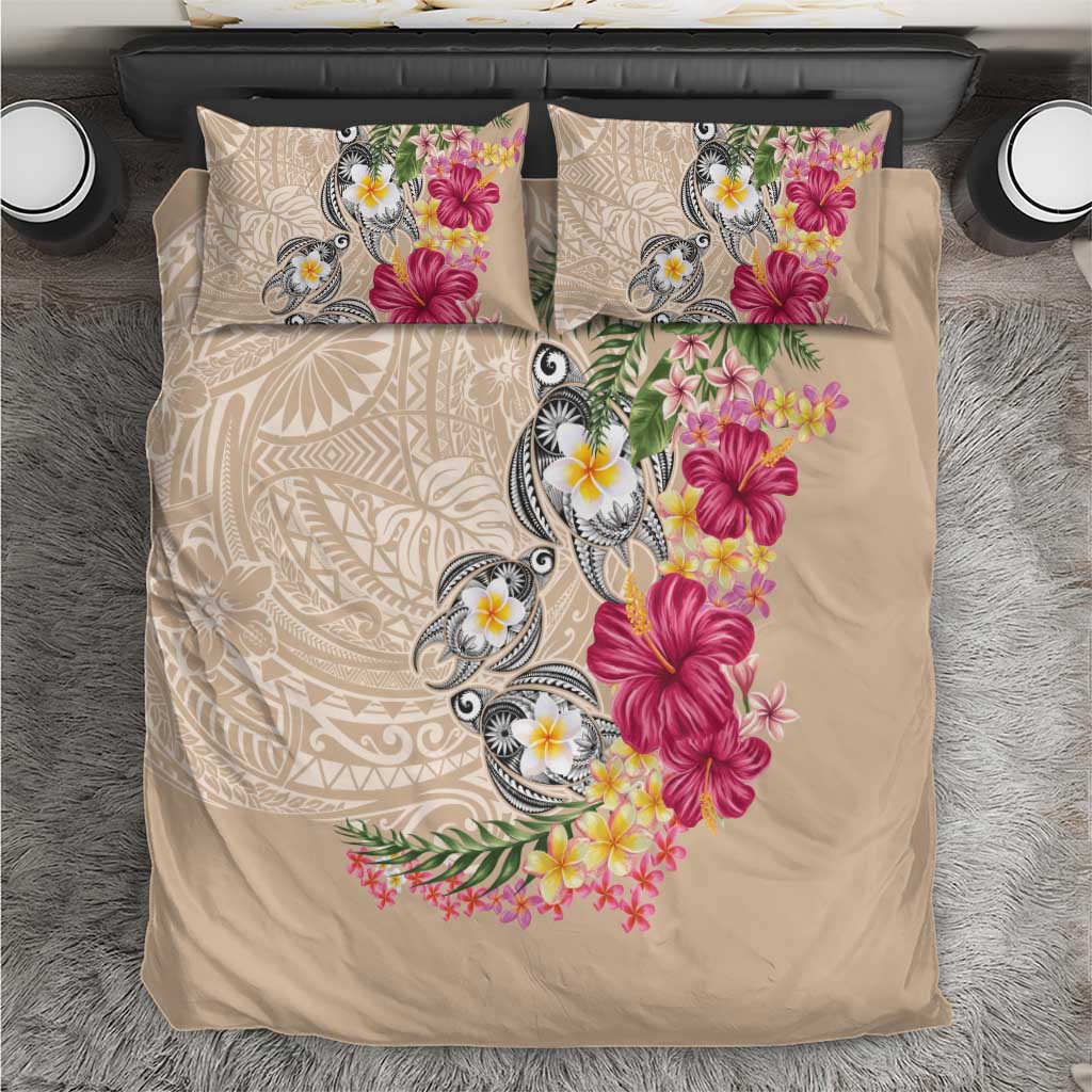 Hawaiian Tropical Flowers and Tribal Turtles Bedding Set Polynesian Art Motifs Beige Color - Polynesian Pride