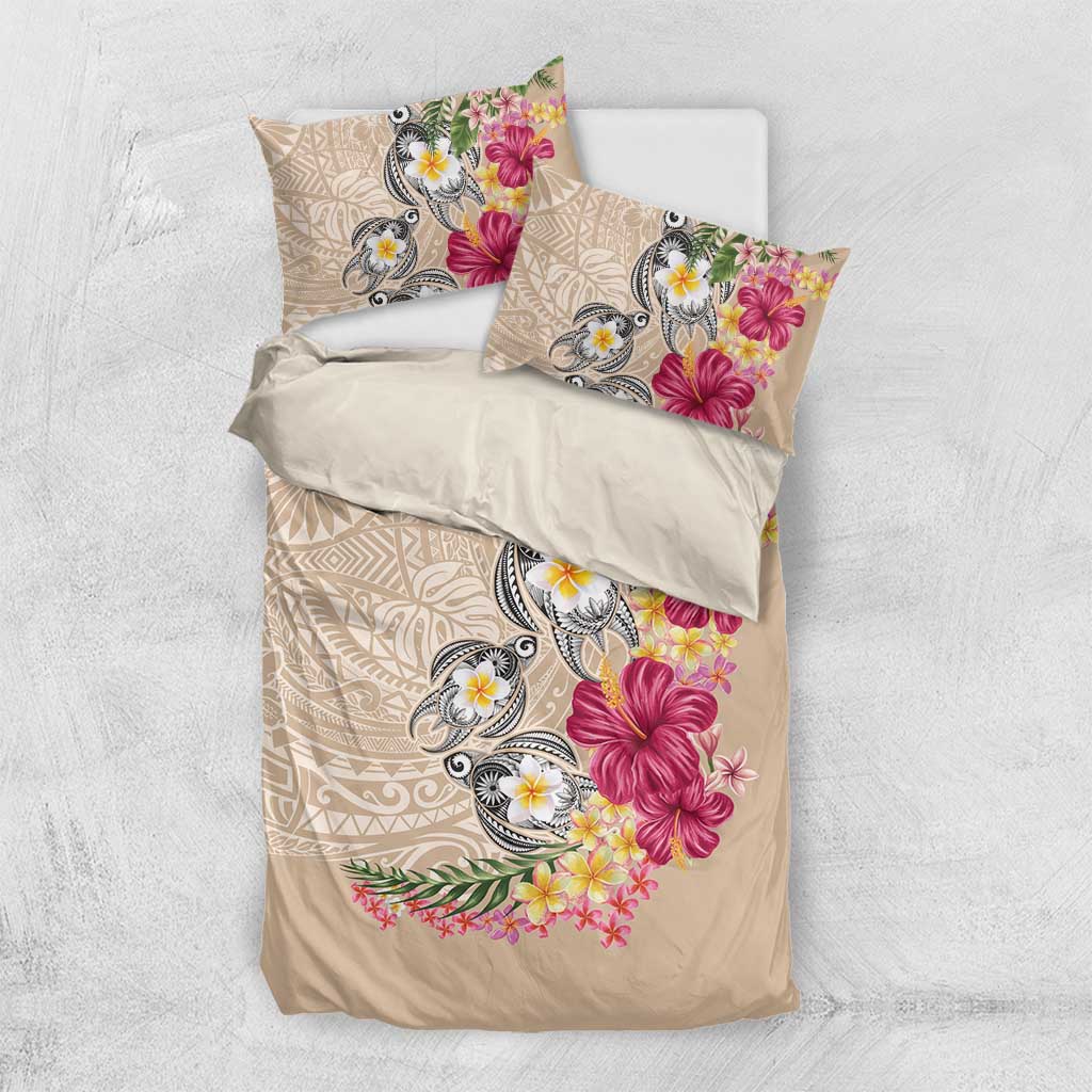 Hawaiian Tropical Flowers and Tribal Turtles Bedding Set Polynesian Art Motifs Beige Color - Polynesian Pride